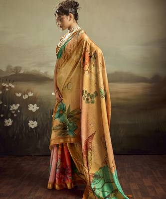 Mustard color jacquard silk fabric fabric beautiful floral print saree 4