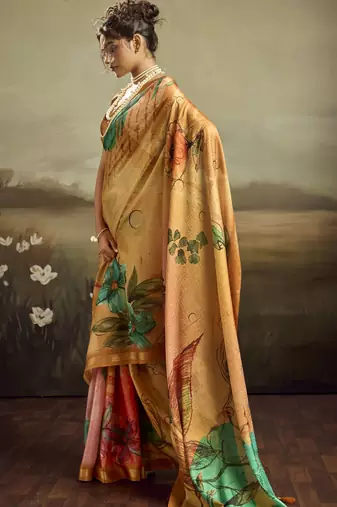 Mustard color jacquard silk fabric fabric beautiful floral print saree