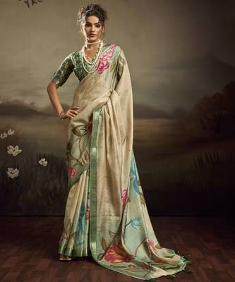 Light green color jacquard silk fabric fabric beautiful floral print saree 1