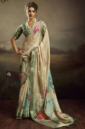 Light green color jacquard silk fabric fabric beautiful floral print saree