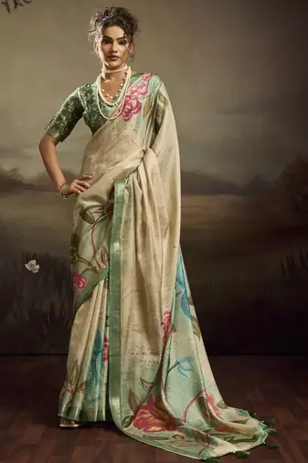 Light green color jacquard silk fabric fabric beautiful floral print saree