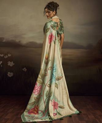 Light green color jacquard silk fabric fabric beautiful floral print saree 2