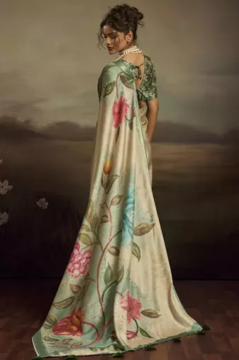 Light green color jacquard silk fabric fabric beautiful floral print saree
