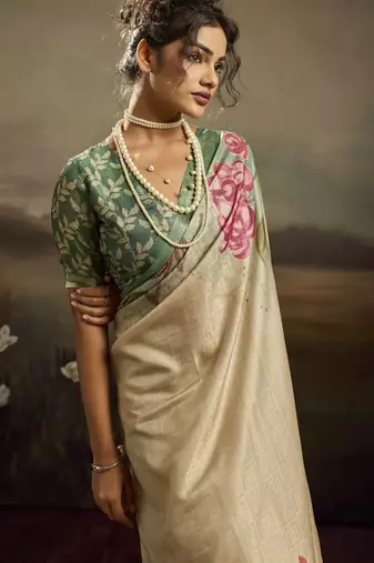 Light green color jacquard silk fabric fabric beautiful floral print saree