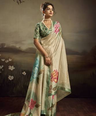 Light green color jacquard silk fabric fabric beautiful floral print saree 4