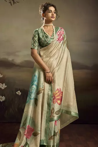 Light green color jacquard silk fabric fabric beautiful floral print saree