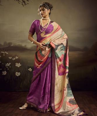 Purple color jacquard silk fabric fabric beautiful floral print saree 1