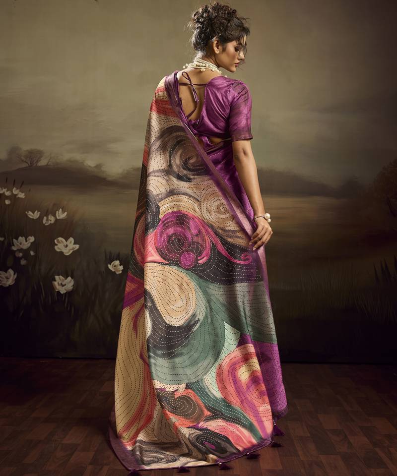 Purple color jacquard silk fabric fabric beautiful floral print saree