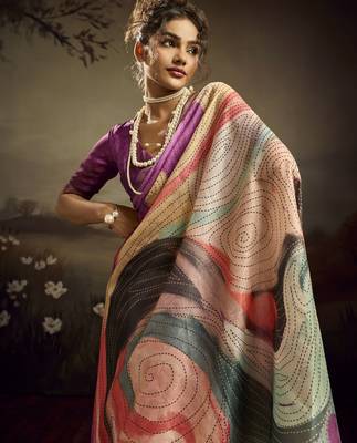 Purple color jacquard silk fabric fabric beautiful floral print saree 3