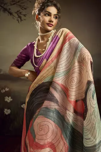 Purple color jacquard silk fabric fabric beautiful floral print saree