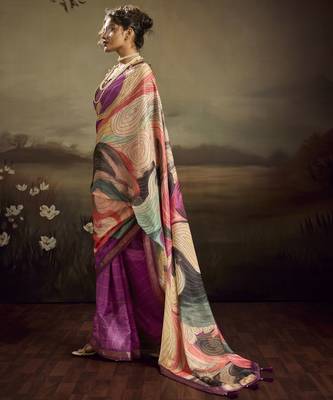 Purple color jacquard silk fabric fabric beautiful floral print saree 4