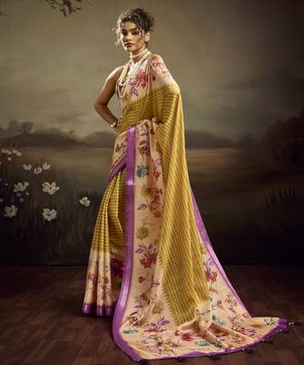Beige color jacquard silk fabric fabric beautiful floral print saree 1