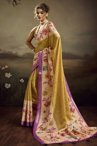 Beige color jacquard silk fabric fabric beautiful floral print saree