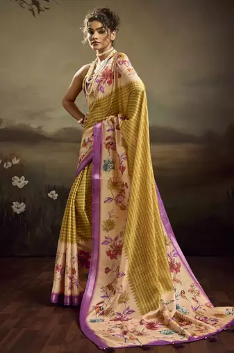 Beige color jacquard silk fabric fabric beautiful floral print saree