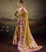 Beige color jacquard silk fabric fabric beautiful floral print saree