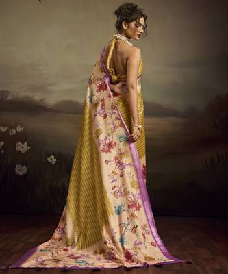 Beige color jacquard silk fabric fabric beautiful floral print saree 2
