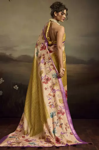 Beige color jacquard silk fabric fabric beautiful floral print saree