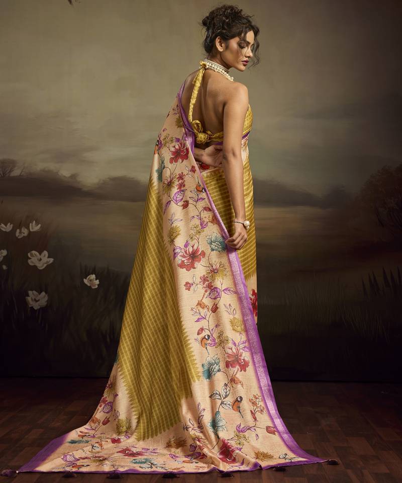 Beige color jacquard silk fabric fabric beautiful floral print saree