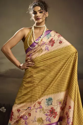 Beige color jacquard silk fabric fabric beautiful floral print saree
