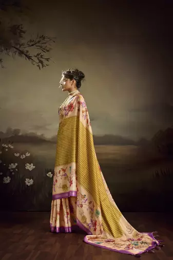 Beige color jacquard silk fabric fabric beautiful floral print saree