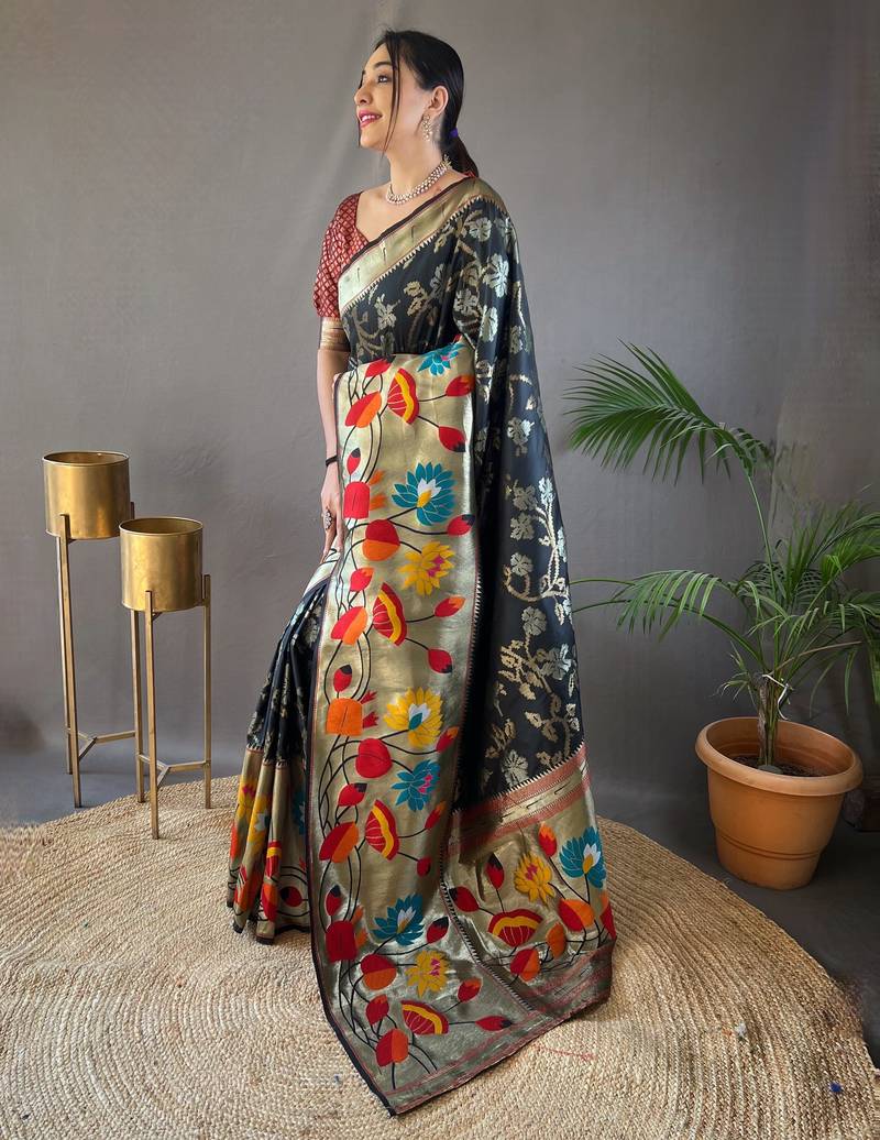 Black soft silk saree with rich weaved paithani pallu & 3d traditional design with gold and silver zari