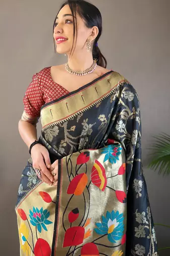Black soft silk saree with rich weaved paithani pallu & 3d traditional design with gold and silver zari