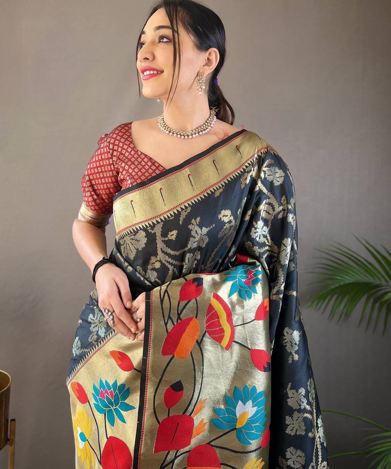 Black soft silk saree with rich weaved paithani pallu & 3d traditional design with gold and silver zari