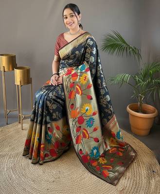 Black soft silk saree with rich weaved paithani pallu & 3d traditional design with gold and silver zari 4