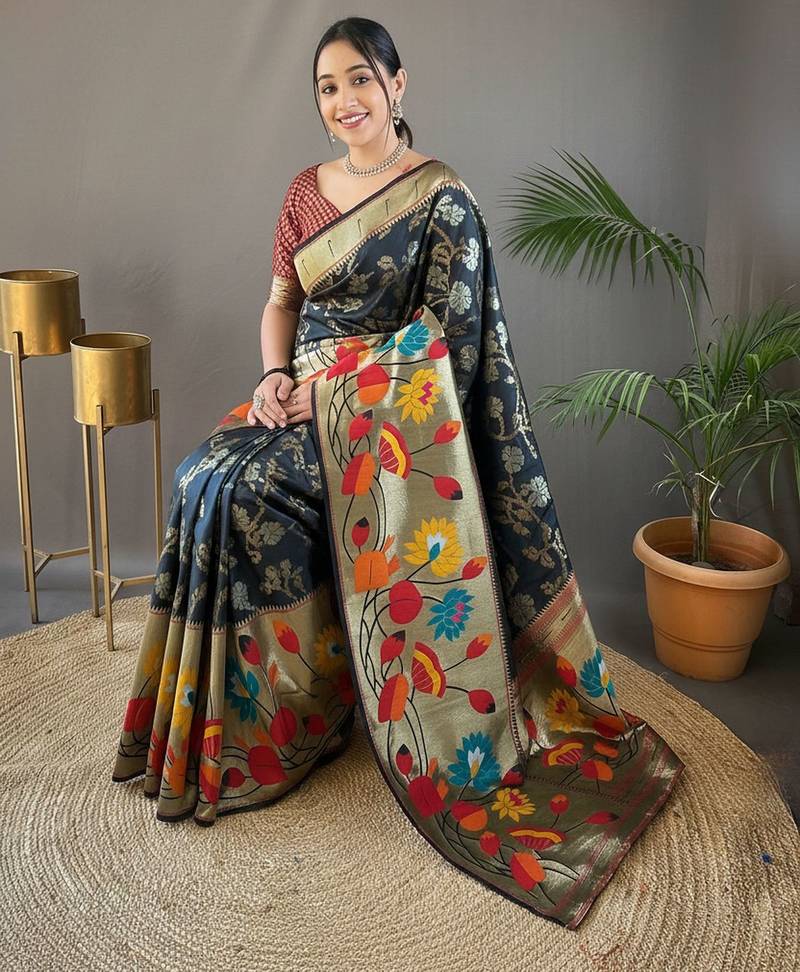 Black soft silk saree with rich weaved paithani pallu & 3d traditional design with gold and silver zari