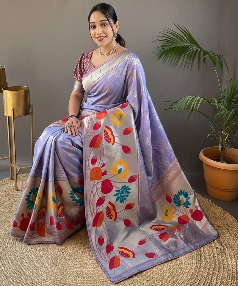 Lavender soft silk blend saree with rich weaved heavy pallu & 3d traditional design with gold and silver zari