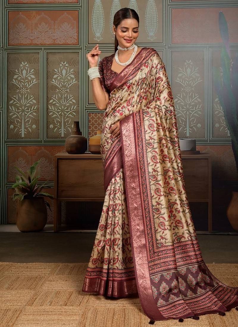 Beige color beautiful ethnic partywear saree for traditional rich looks