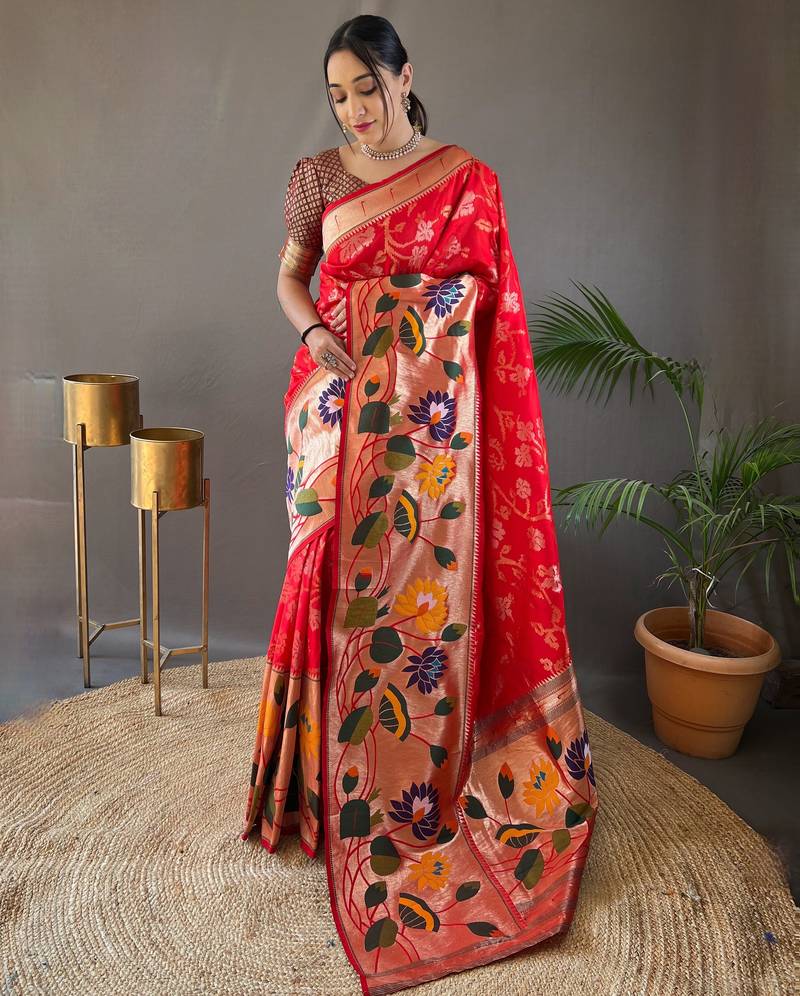 Red silk blend saree with rich weaved heavy pallu & 3d traditional design with gold and silver zari