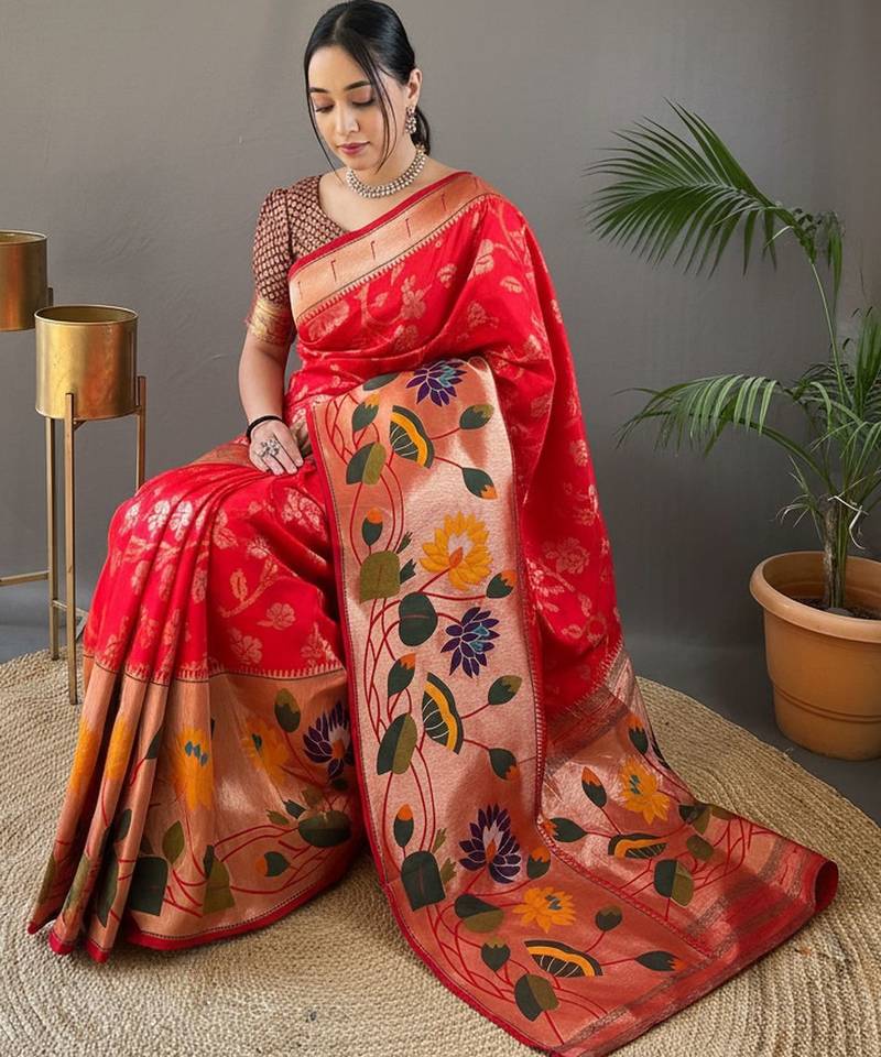 Red silk blend saree with rich weaved heavy pallu & 3d traditional design with gold and silver zari