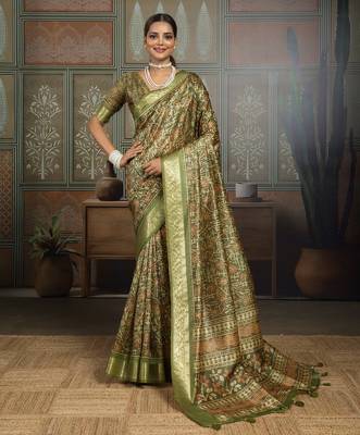 Mahendi color beautiful ethnic partywear saree for traditional rich looks 1
