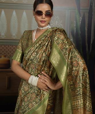 Mahendi color beautiful ethnic partywear saree for traditional rich looks 3