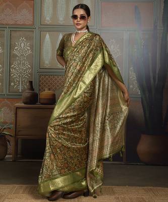 Mahendi color beautiful ethnic partywear saree for traditional rich looks 4