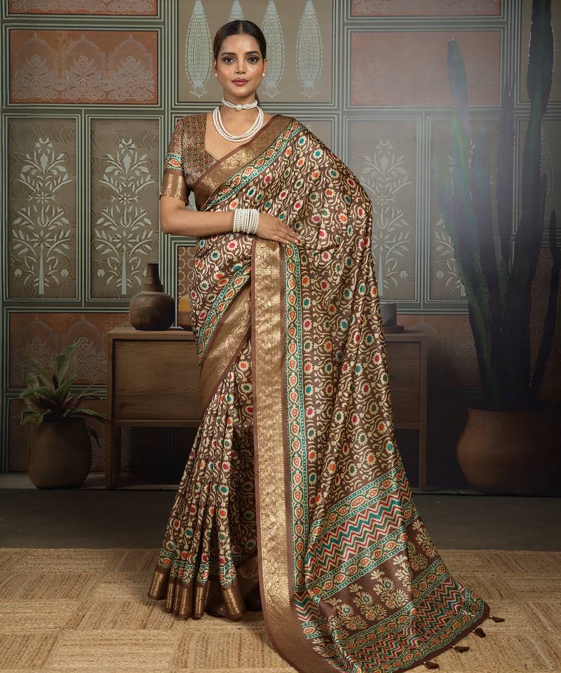 Brown color beautiful ethnic partywear saree for traditional rich looks