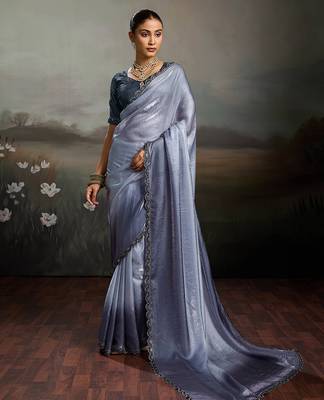 Grey color beautiful satin fabric glamorous bollywood style saree 1