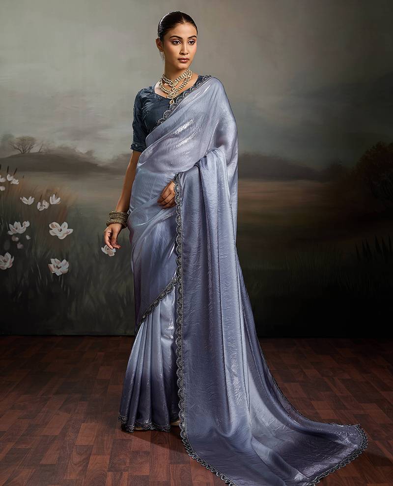 Grey color beautiful satin fabric glamorous bollywood style saree