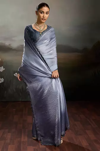 Grey color beautiful satin fabric glamorous bollywood style saree