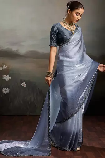Grey color beautiful satin fabric glamorous bollywood style saree