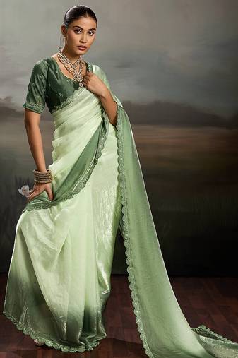Green color beautiful satin fabric glamorous bollywood style saree