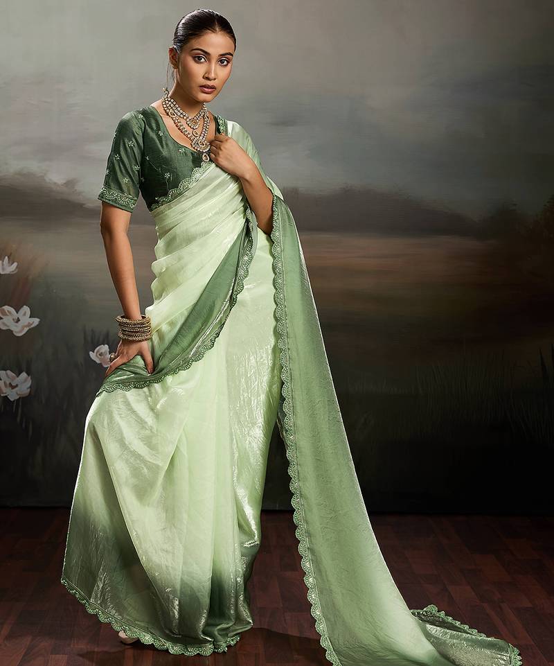 Green color beautiful satin fabric glamorous bollywood style saree