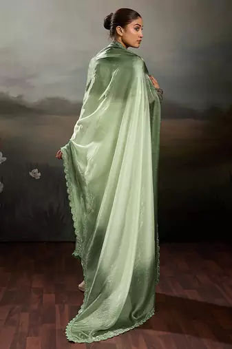 Green color beautiful satin fabric glamorous bollywood style saree