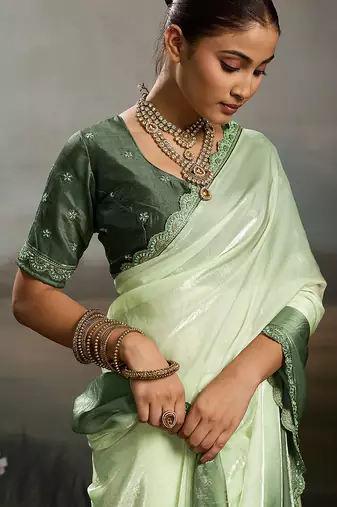 Green color beautiful satin fabric glamorous bollywood style saree