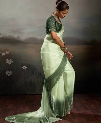 Green color beautiful satin fabric glamorous bollywood style saree 4