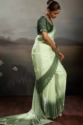 Green color beautiful satin fabric glamorous bollywood style saree