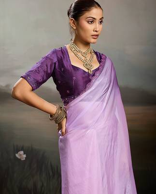 Purple color beautiful satin fabric glamorous bollywood style saree 3