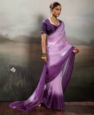 Purple color beautiful satin fabric glamorous bollywood style saree 4
