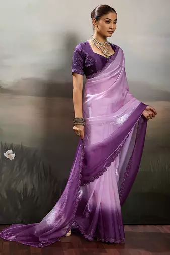 Purple color beautiful satin fabric glamorous bollywood style saree
